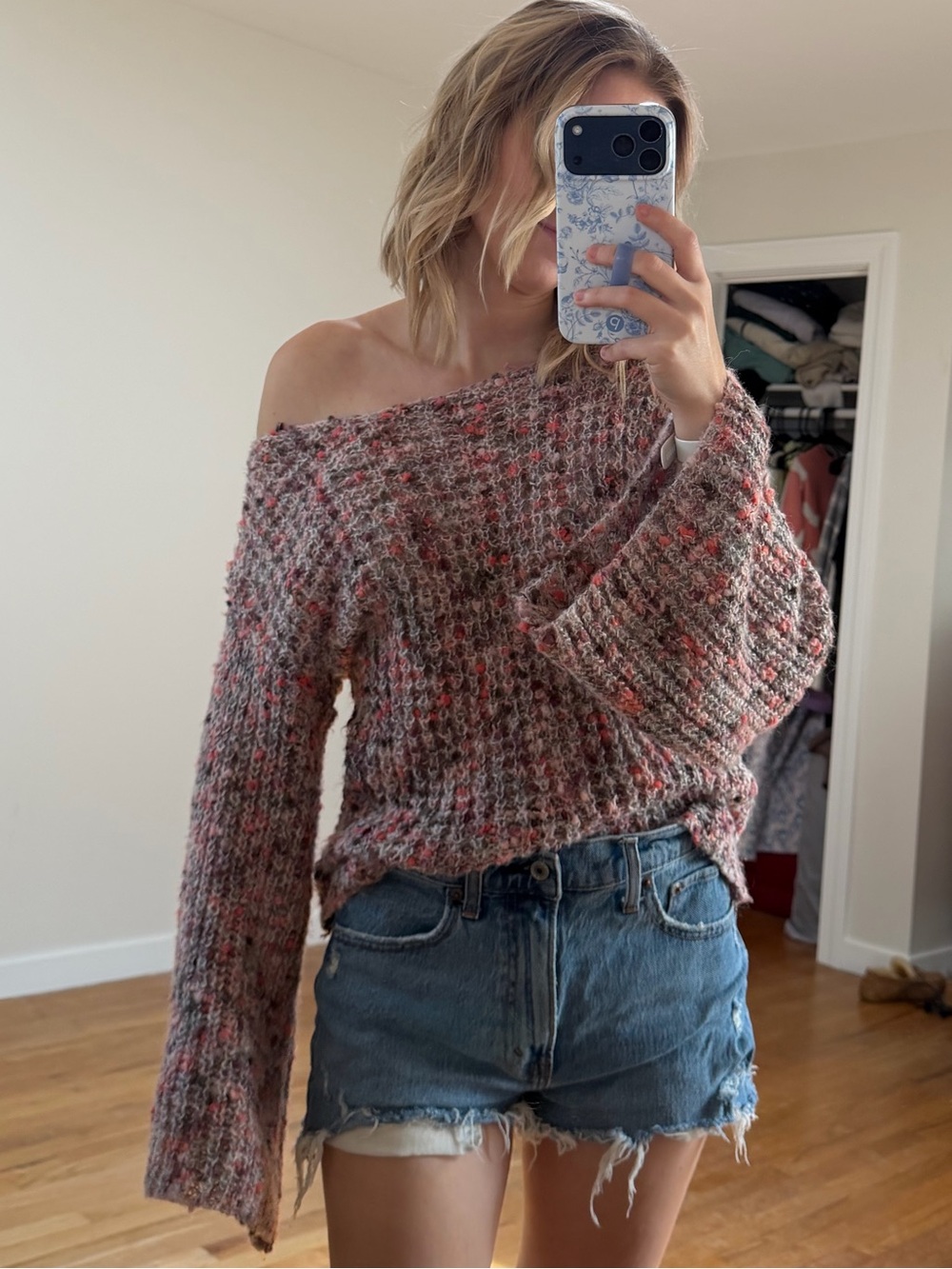 Forever 21 Pink and Gray Off-the-Shoulder Knit Sweater